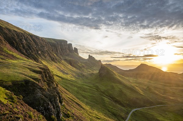 View of rocky landscape Quiraing at sunrise