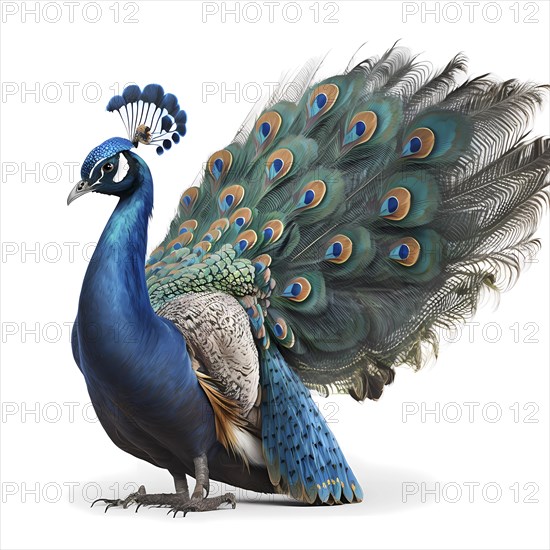 A peacock in front of white backround