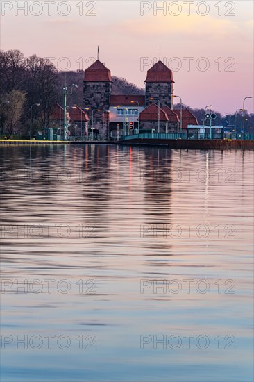 Shaft lock at the waterway junction at sunrise