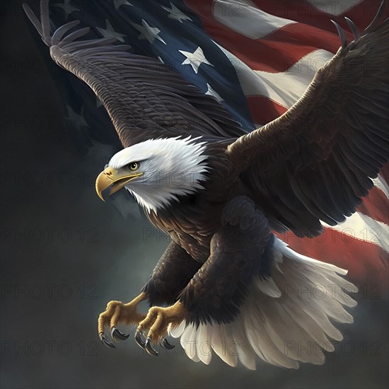 Bald eagle in front of american flag