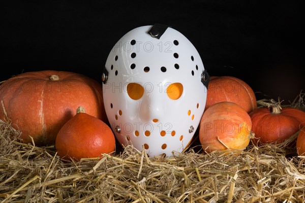 Pumpkins in straw with a Janson mask