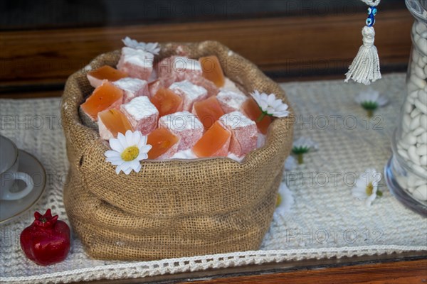 Delicious Turkish delight placed in a linen sack