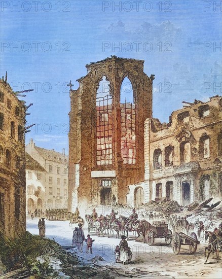 The destroyed library building in Strasbourg in 1870