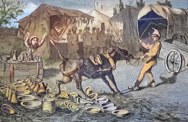 Market Day in the 19th century. Stubborn donkey smashed porcelain