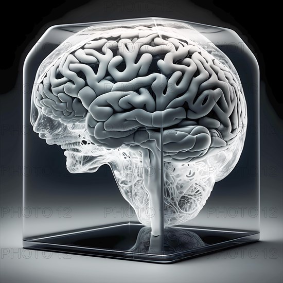 Icon image of human transparent head with brain and dementia