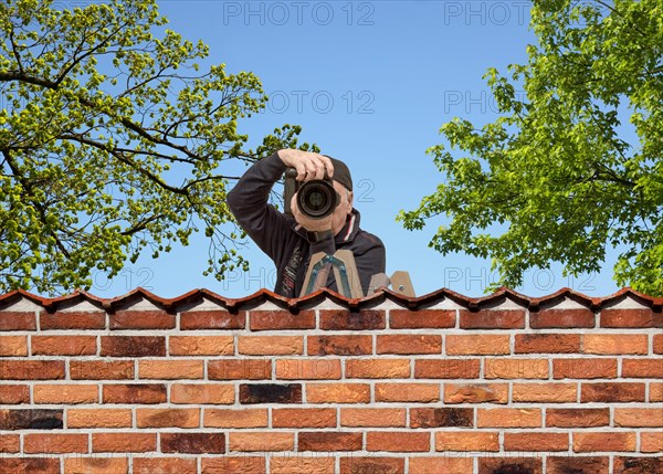 Paparazzi stands on a ladder and looks over a wall