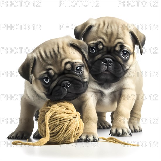 Portrait Mops puppys playing with a ball in front of a white background