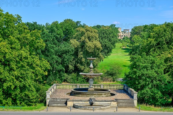 View from Sanssouci Palace over the Rossbrunnen to the ruins on Ruinenberg