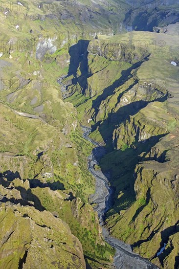 Aerial view over the mountain ridge Thorsmork