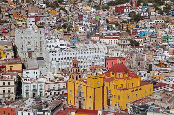 Aerial view over the colourful city centre of Guanajuato and its basilica