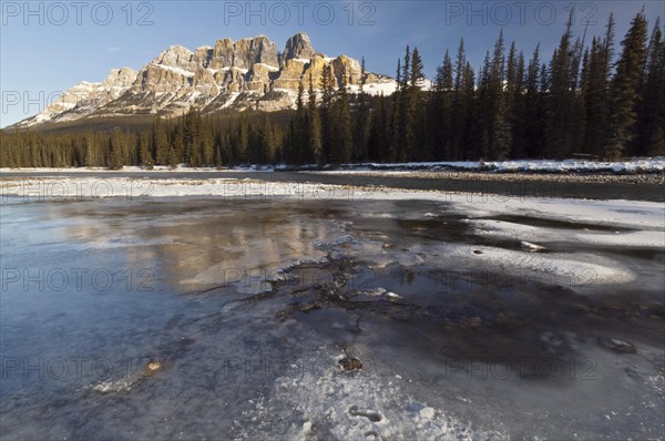 Castle Mountain and Bow River in winter