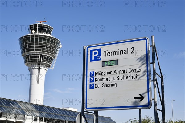 Signage parking at Munich Airport with Tower