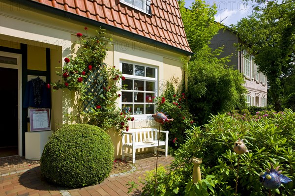 Front garden of a boutique in Worpswede with rosebush