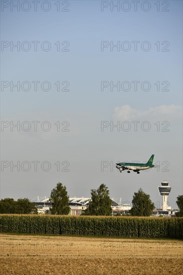 Air Lingus Airbus landing on Runway North with Tower Munich Airport and cornfield in foreground