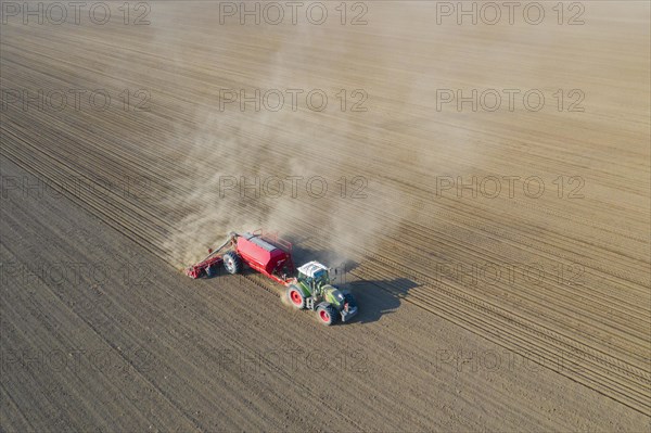 Aerial view over tractor with pneumatic seed drill