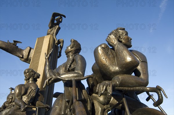 Sculpture group with fountain at the square Het Zand in the city Bruges