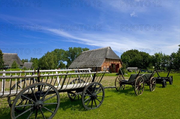 Ladder wagon and farmhouse