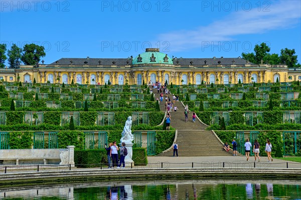 French Rondell and Great Fountain with view over the vineyard terraces to Sanssouci Palace