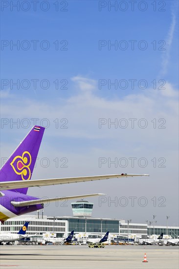 Thai Airways Boeing B777 Dreamliner in front of satellite Terminal 2