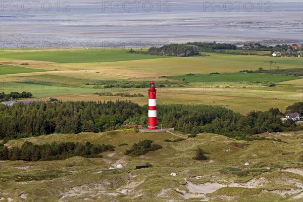Aerial view of Amrum lighthouse in the dunes along the Wadden Sea
