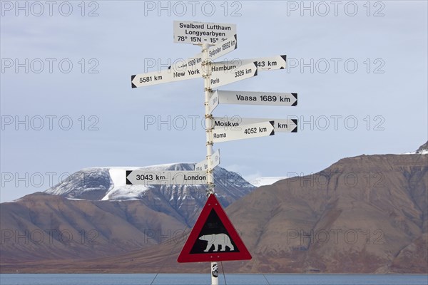 Signpost and Polar bear warning sign at Spitsbergen