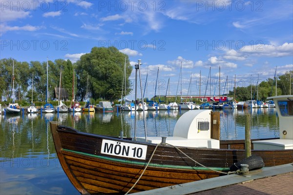 Moenkebude Mecklenburg-Western Pomerania County Western Pomerania Greifswald in the harbour pleasure boats and fishing boats Germany Europe