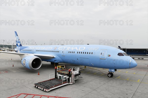 Etihad Boeing B777-9 Dreamliner special livery Manchester City on position at Terminal 2