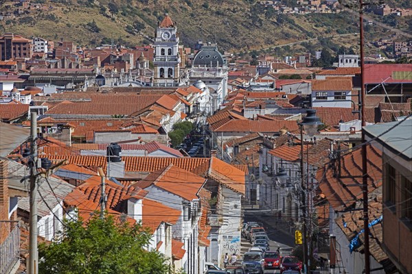 Aerial view over colonial street and rooftops in the white city of Sucre