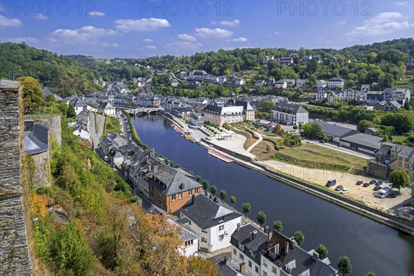 Aerial view from the Chateau de Bouillon Castle over the city Bouillon and the Semois river