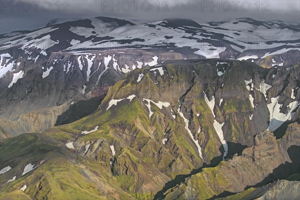 Aerial view over the mountain ridge Thorsmork