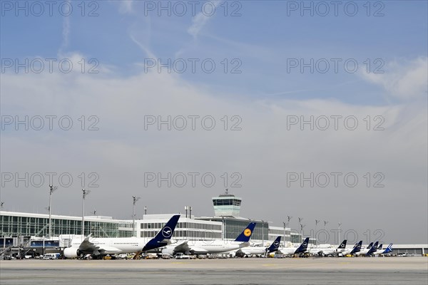 Lufthansa aircraft at check-in positions at Satellite Terminal 2