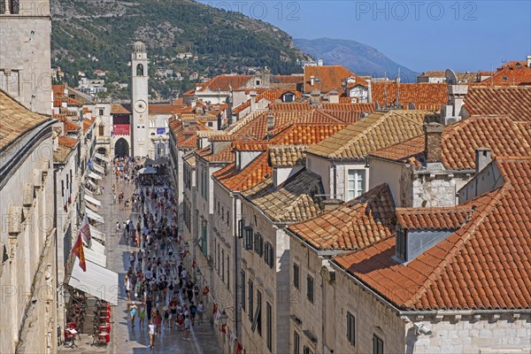 Bell tower and tourists shopping in Stradun