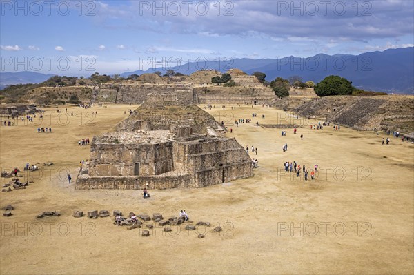Tourists visiting the Monte Alban pyramid complex