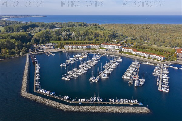 Weisse Wiek holiday resort at Boltenhagen along the Baltic Sea showing hotels and sailing boats in marina