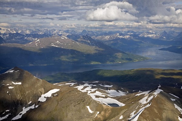 View over mountain ranges and sea inlets at Svalbard