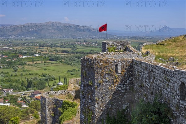 Albanian flag on the castle walls of Rozafa Castle