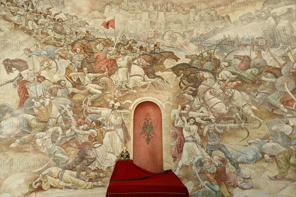 Copy of the helmet and sword of Skanderbeg in the museum of the fortress of Kruja or Kruje