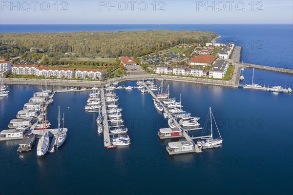 Weisse Wiek holiday resort at Boltenhagen along the Baltic Sea showing hotels and sailing boats in marina