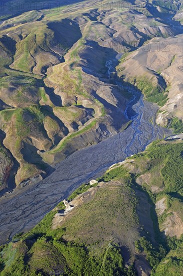 Aerial view over the mountain ridge Thorsmork