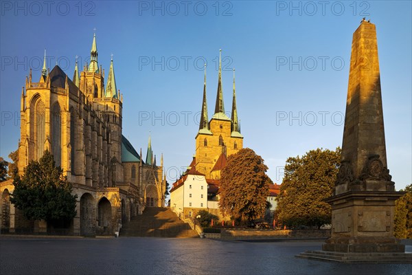 Erfurt Cathedral and Severi Church with Erthal Obelisk in early morning light