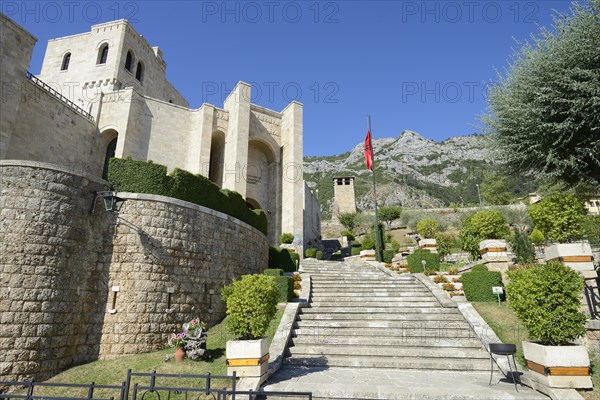 Stairs to the entrance of the Skanderbeg Museum in the fortress of Kruja or Kruje