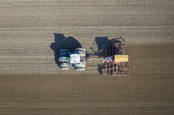 Aerial view over tractor with pneumatic seed drill