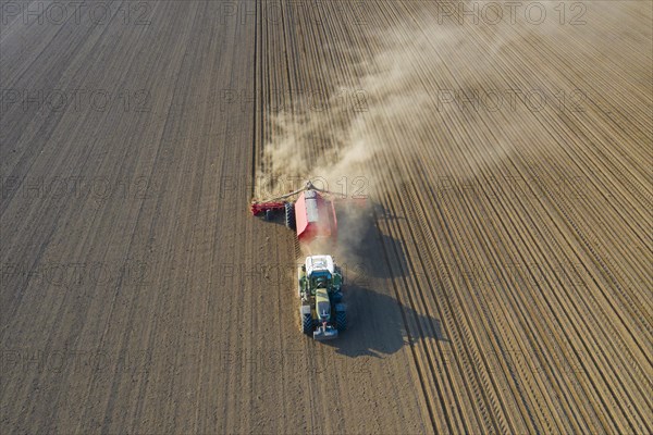 Aerial view over tractor with pneumatic seed drill