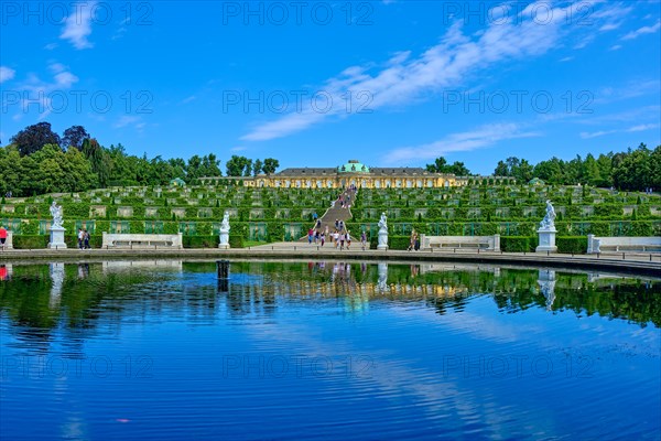 French Rondell and Great Fountain with view over the vineyard terraces to Sanssouci Palace