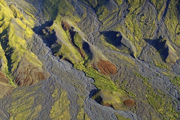 Aerial view over the mountain ridge Thorsmork