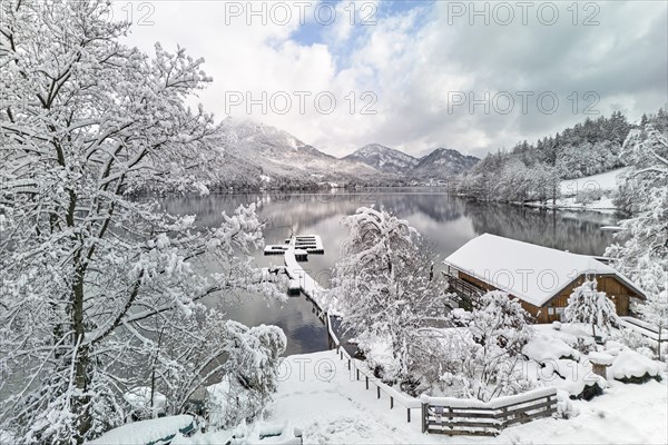 Boathouse on Lake Fuschl in winter