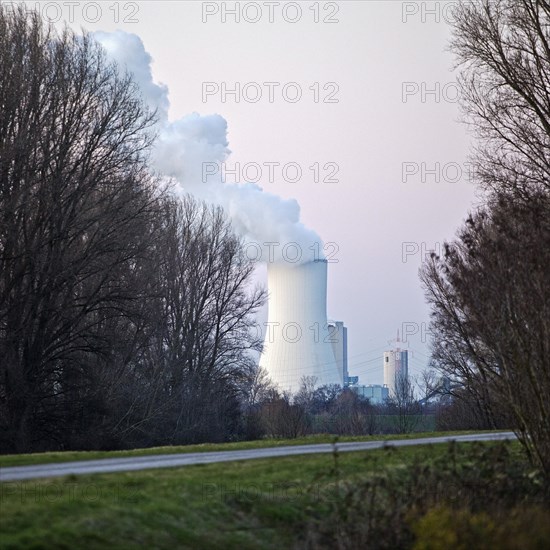 Rhine meadows in Beeckerwerth with a view of the cooling tower of the Voerde power station