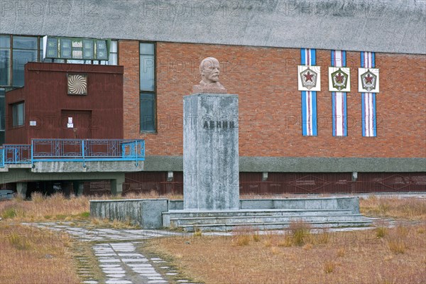 Statue of Lenin and sport and cultural centre at Pyramiden