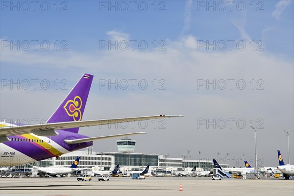 Thai Airways Boeing B777 Dreamliner in front of satellite Terminal 2