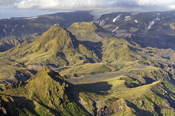 Aerial view over the mountain ridge Thorsmork